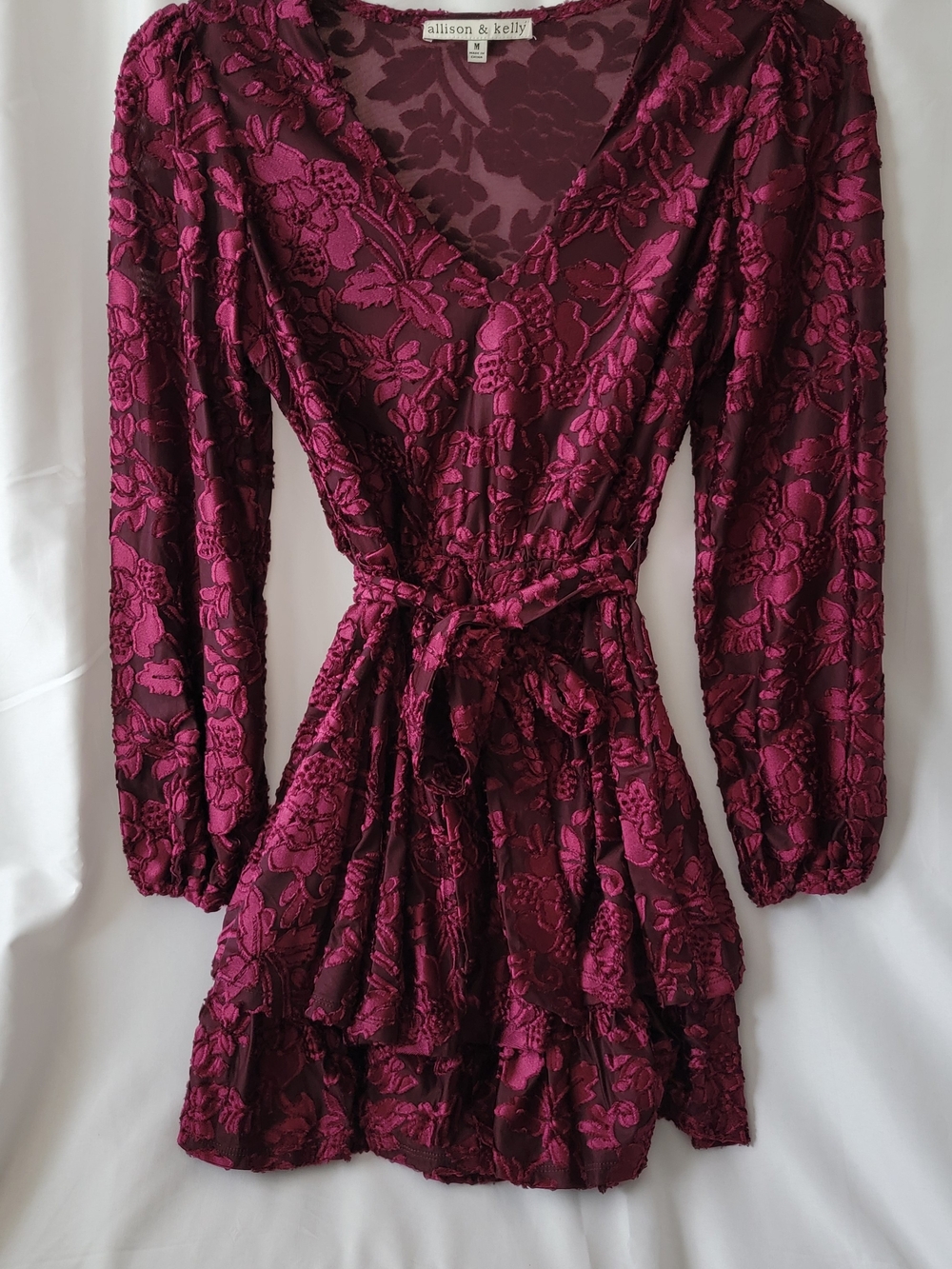 Burgundy Velvet Floral Lace Wrap Ruffle Dress in Medium